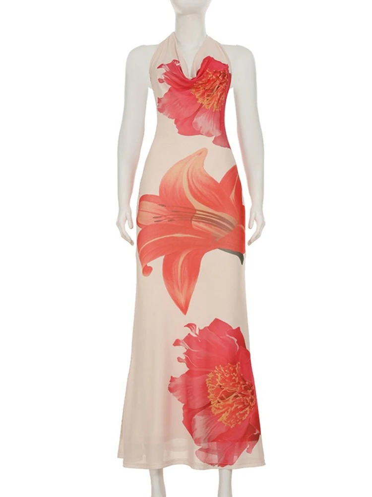 SsTss Summer Fashion Sheer Mesh Floral Print Long Dress Women Sexy Halter Swinging Collar Sleeveless Backless Holiday Maxi Dress