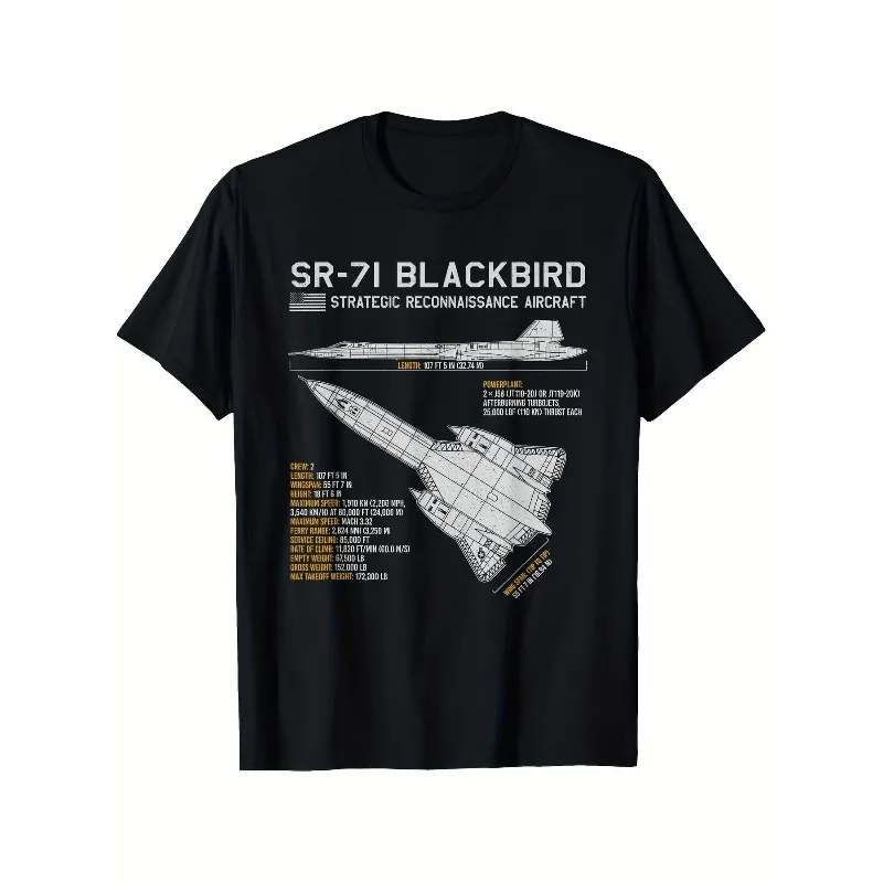SR71 Blackbird Reconnaissance Aircraft Blueprint Data T-shirt Men's T-shirt Suitable for All Seasons Unisex Casual Streetwear