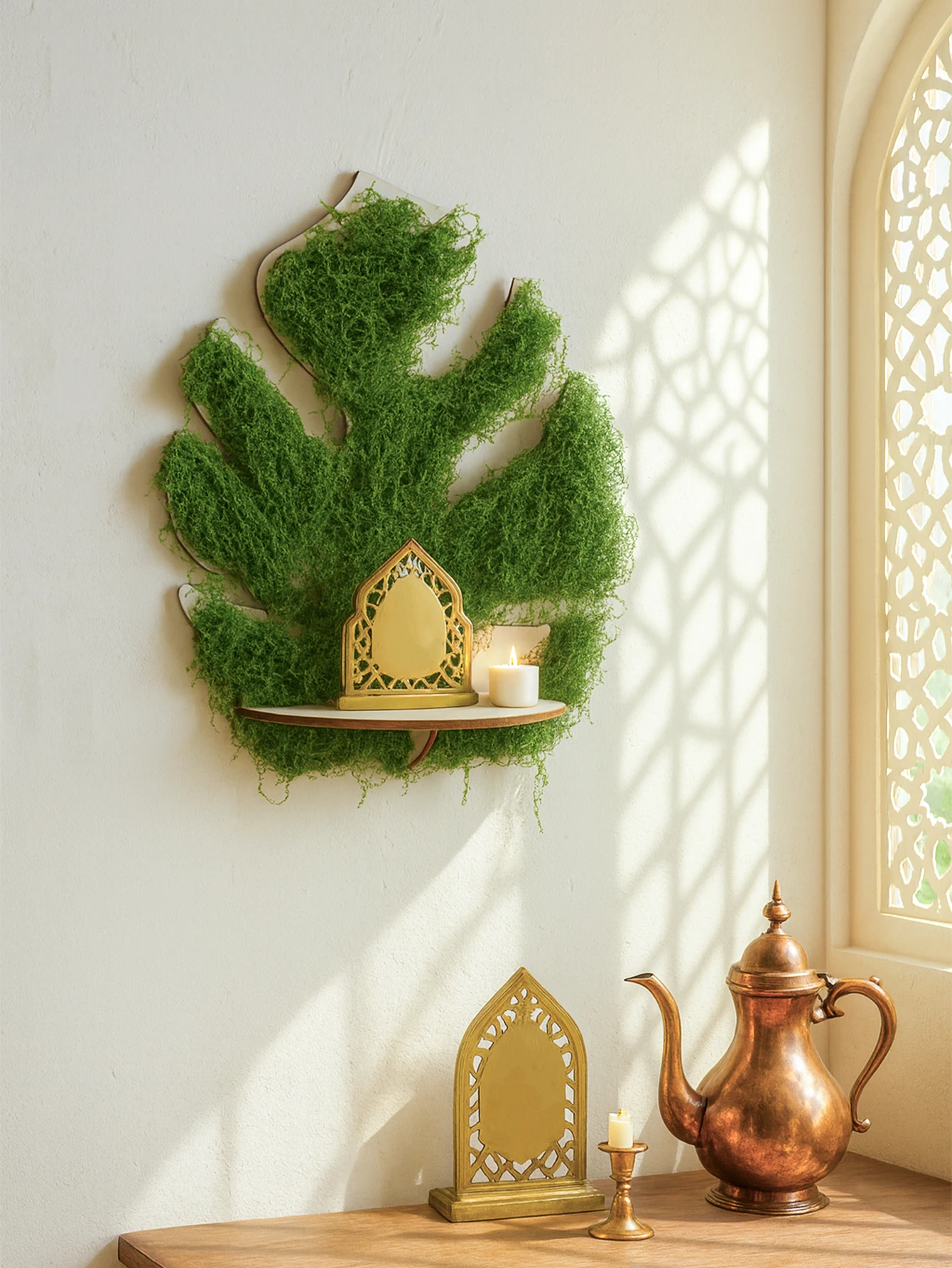 Boho Moss Monstera Leaf Wandkunst mit Regal, islamisch inspirierte Wandregale aus Holz, DIY-Wanddekorationen für Zuhause und Ramadan-Geschenke