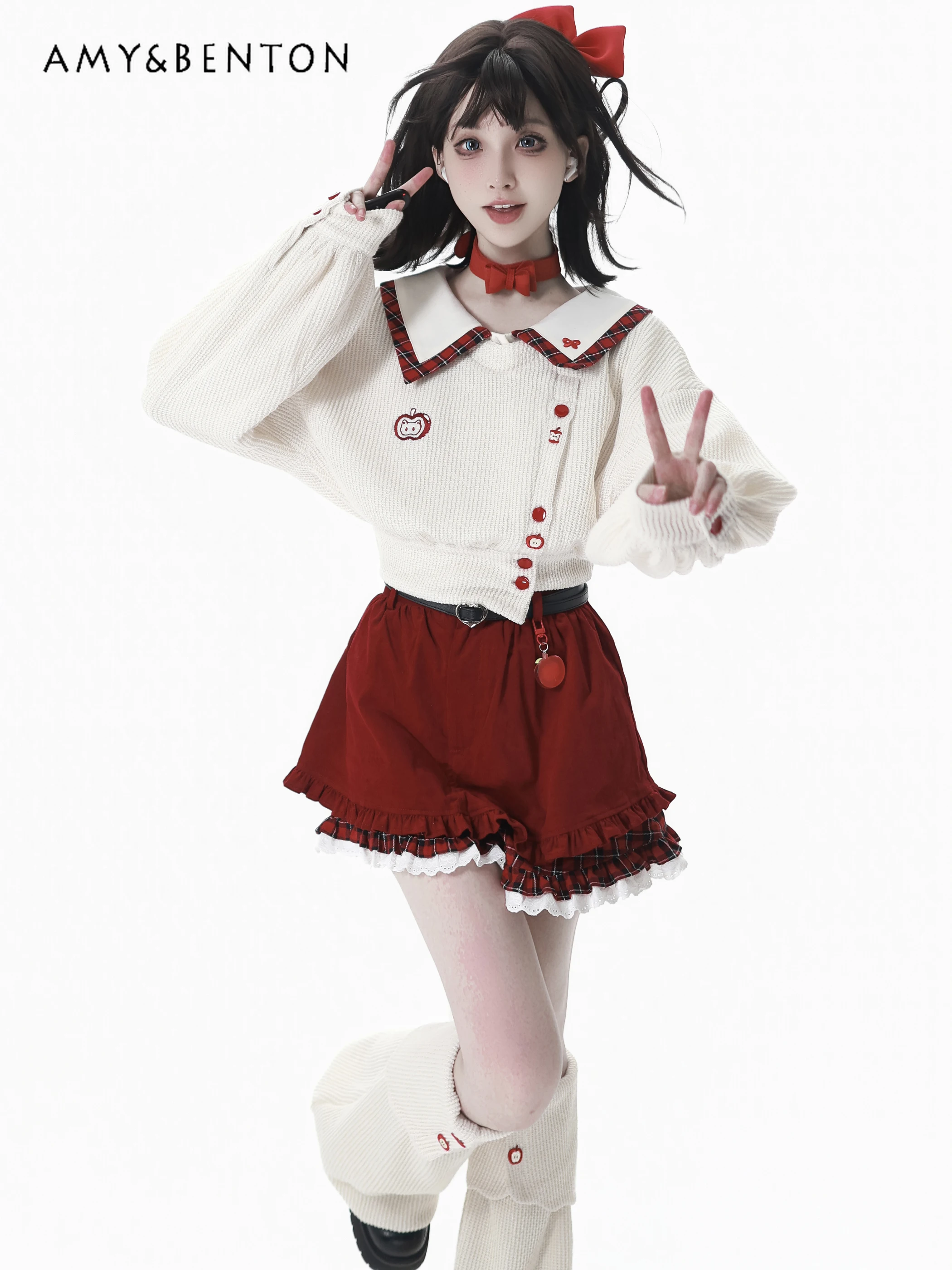 

Sweet Cute Kawaii Embroidered Knitted Plaid Turn-down Collar Hooded Jacket Shawl Sets Autumn Winter Shirt Ruffled Puffy Shorts