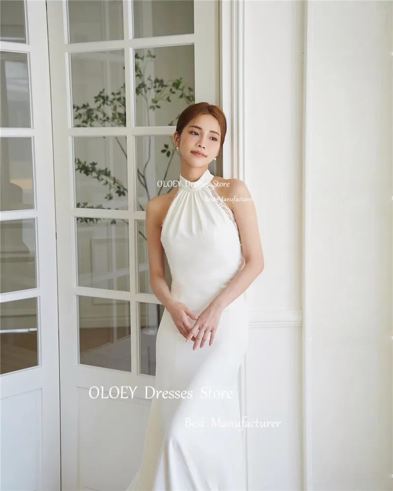 OLOEY High Neck Mermaid Korea Wedding Dresses Photoshoot Soft Satin Backless Sexy Bridal Gowns Elegant Custom Made