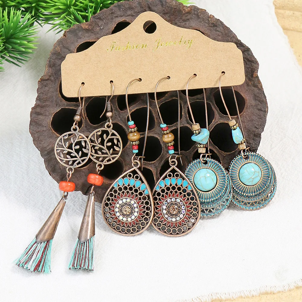 Colorful Tassels Earrings Set Ethnic Women Geometric Round Bronze Metal Drop Vintage Boho Wholesale Jewelry Party Gifts