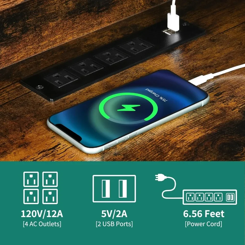 60” Corner Computer Desk With Drawers & Lift Top L Shaped Desk With Power Outlets & LED Lights Reading Table Freight free