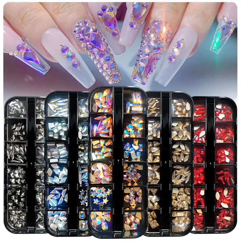 Mélange de biscuits cristal 3D pour nail art, 12 grilles, paillettes, diamant, décoration des ongles, accessoires de manucure DIY