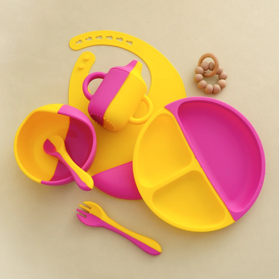 6PCS Silicone Baby Tableware Contrasting Colors Plate 6 Speed Adjustable Bib Suction Bowl Soft Spoon Fork Portable Baby Cup