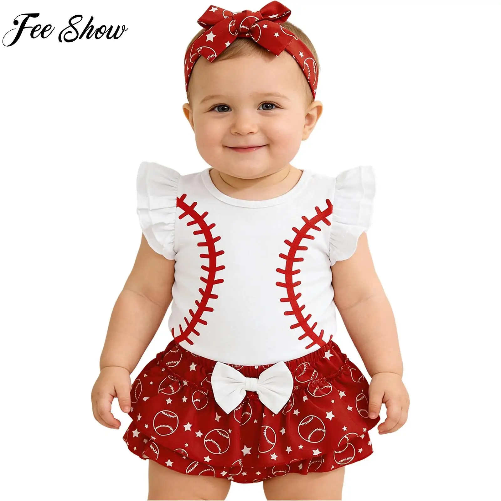 

Комплект из 3 предметов для маленьких девочек 0-18 месяцев: комбинезон с бейсбольным принтом, рюшами на рукавах и застежкой на кнопках + юбка с бантом + повязка на голову, комплект для дня рождения