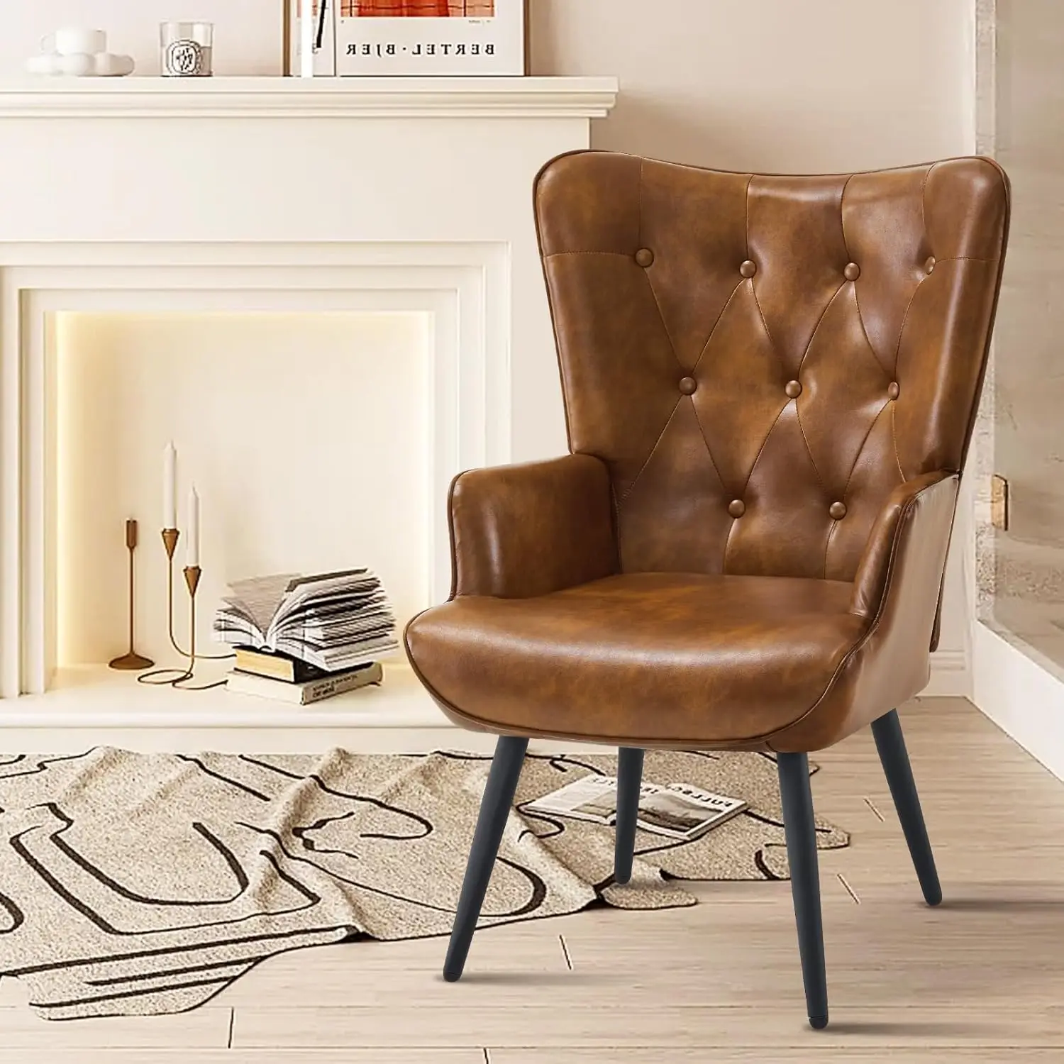 Faux Leather Wingback Accent Chair Mid Century Modern Comfy Armchair for Living Room Bedroom Office Waiting Room, Customized