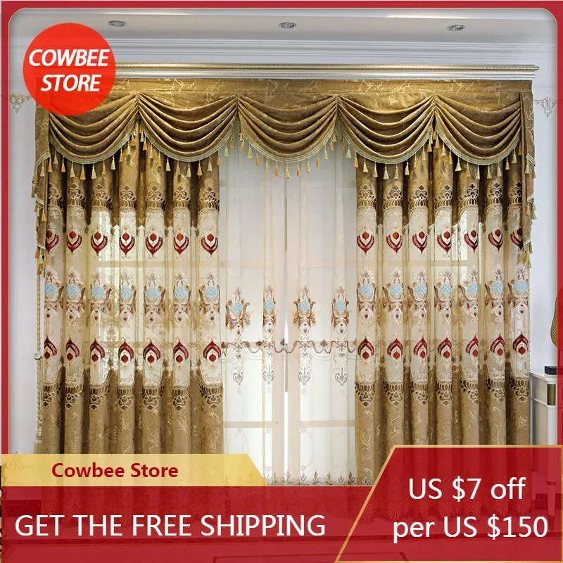 

Embroidered Chenille Luxury Curtains for Living Room Bedroom Hollow French European Windows Backdrop Gold Wall Closet Valance