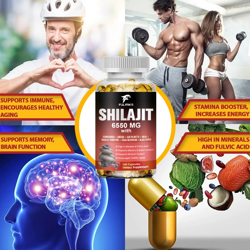 Shilajit himalajan kapsułki-6550mg-w połączeniu Ashwagandha, żeń-szeń, Saw Palmetto, Maca, Tribulus, Chaga, czarny pieprz