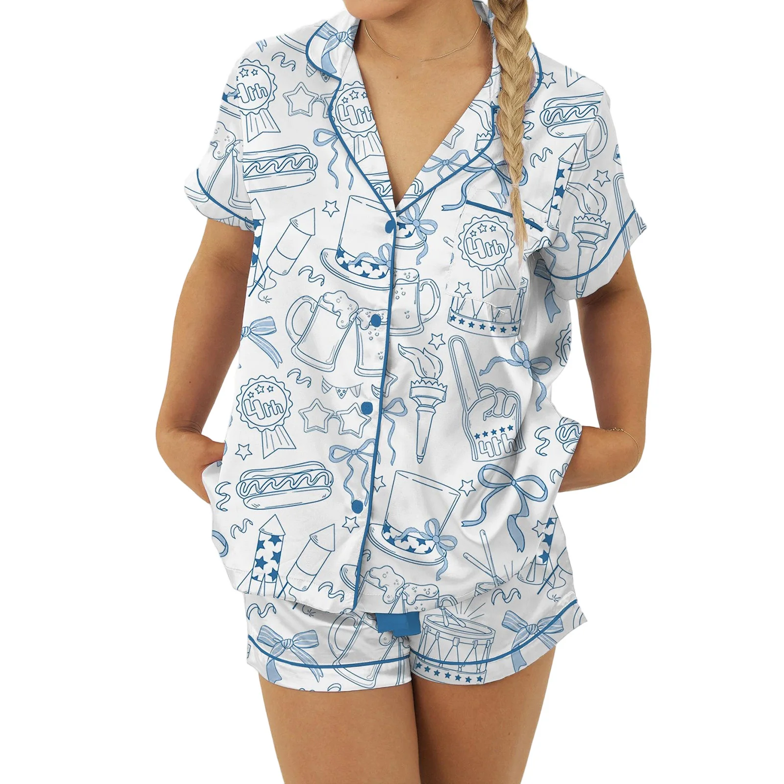 Women s Independence Day Lounge Set Short Sleeve Lapel Patriotic Elements Print Shirt Shorts Sleepwear Sets