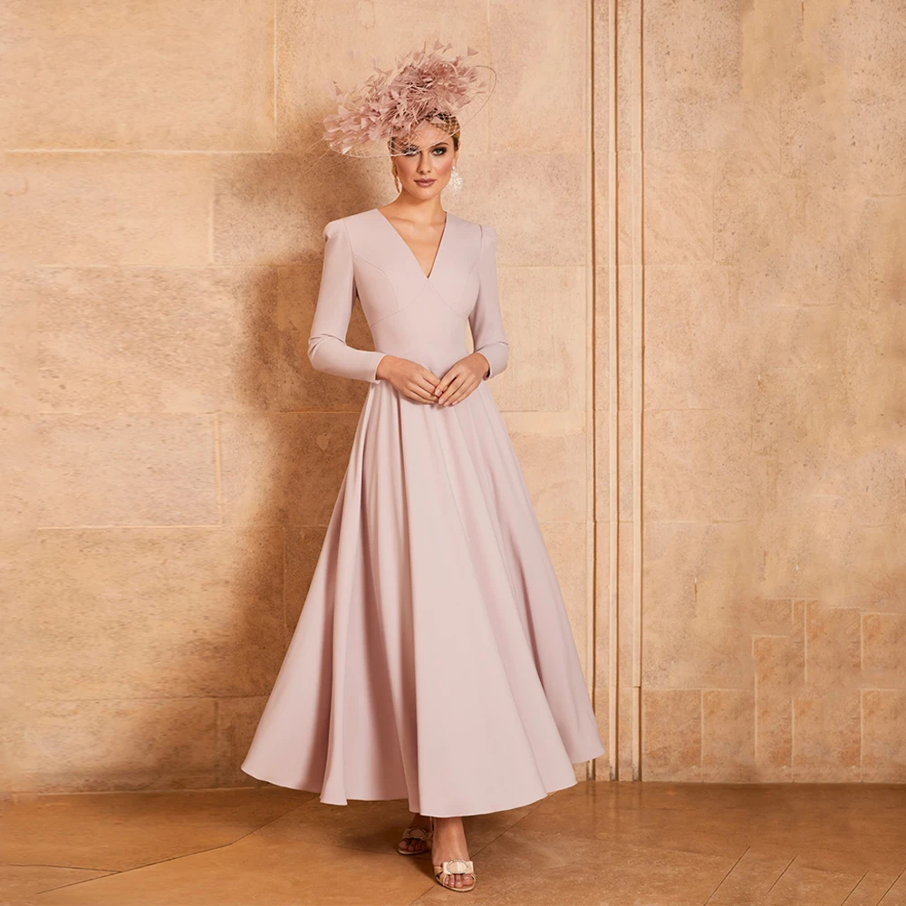 Light Pink Mother of The Bride Dress Elegant V Neck Long Sleeves Simple Jersey A Line Wedding Party Dresses Women Guest Gown