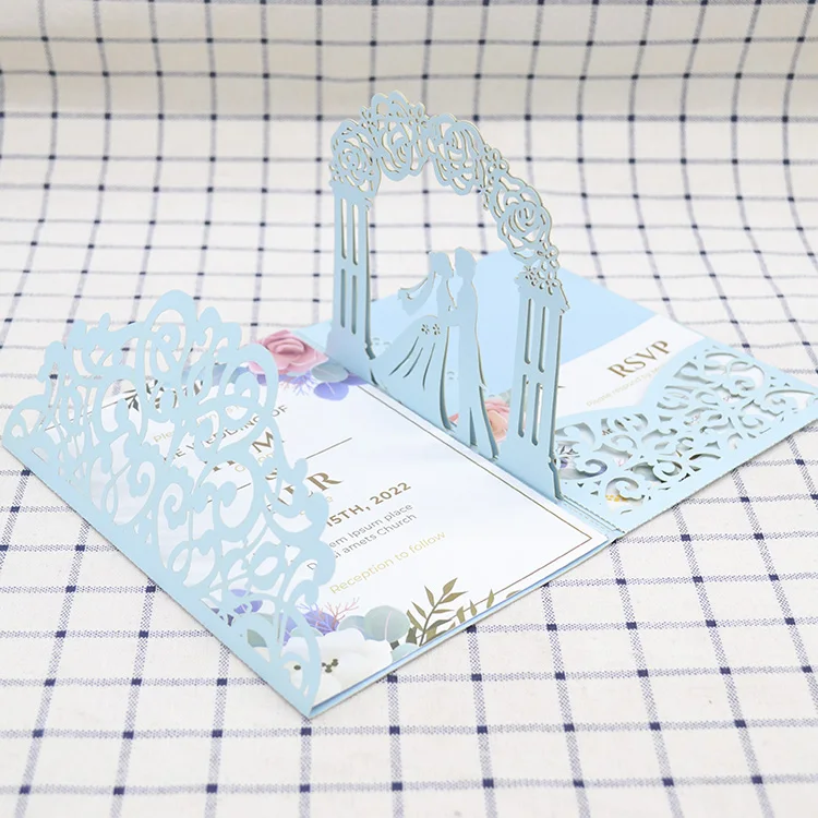 13x18cm Light Blue Luxury 3d Pop up Laser Cut Wedding Card Invitation Envelope Trifold