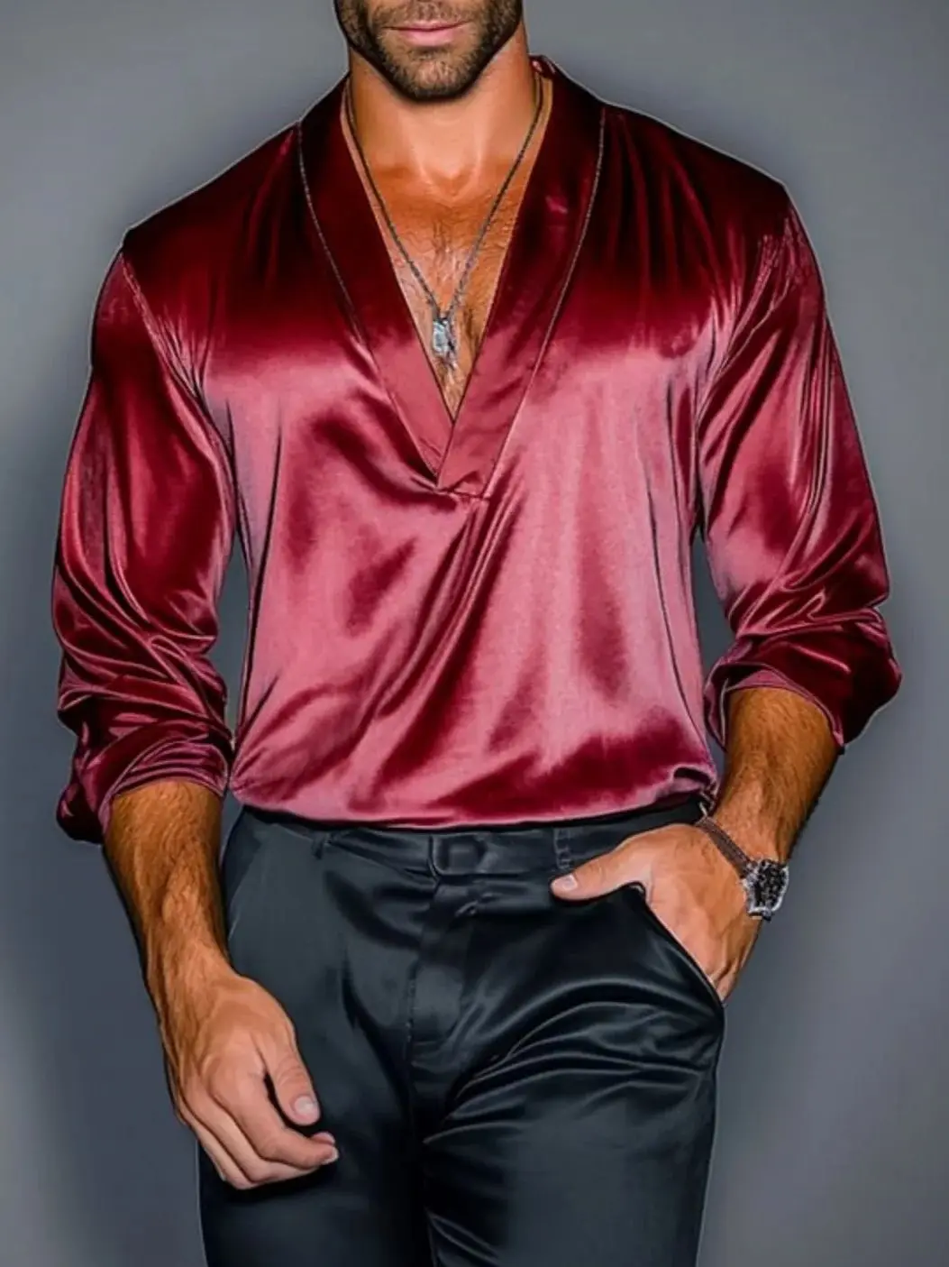 Casual Men's Satin Silk Shirts Long Sleeve Pullover Deep V-Neck Shirts Wedding Party Men Blouse Fashionable Male Clothes