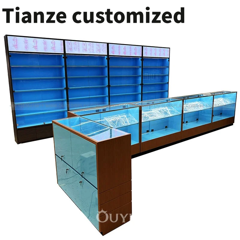 Custom-Morden shop decoration furniture supplier hookah shop display shelf glass cabinets display Smoke Shop