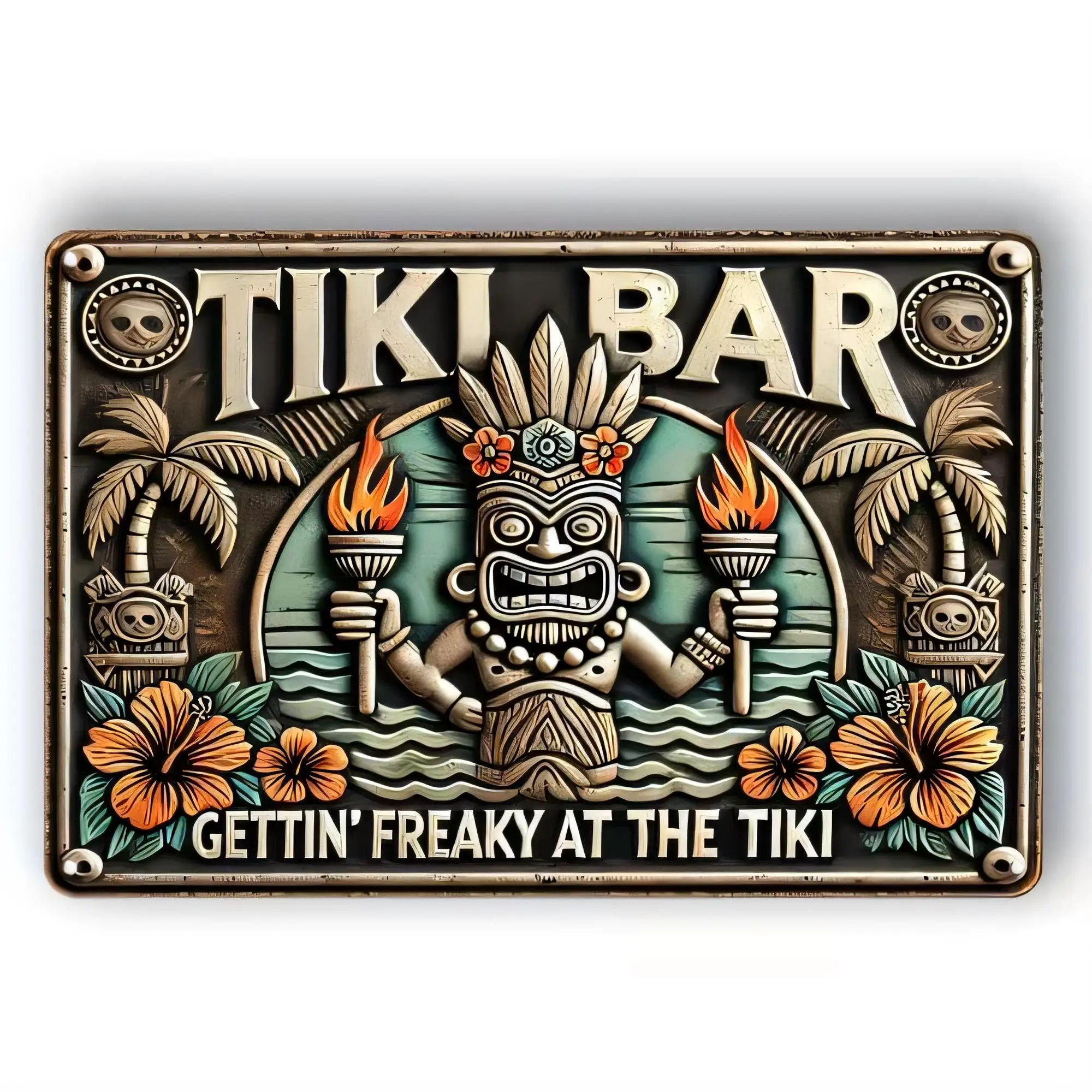 Tin Sign Tiki Bar Wall Decor Gettin’ Freaky At The Tiki Vintage Retro Metal Sign for Bar Pub Man Cave Beach Luau Hawaiian Party