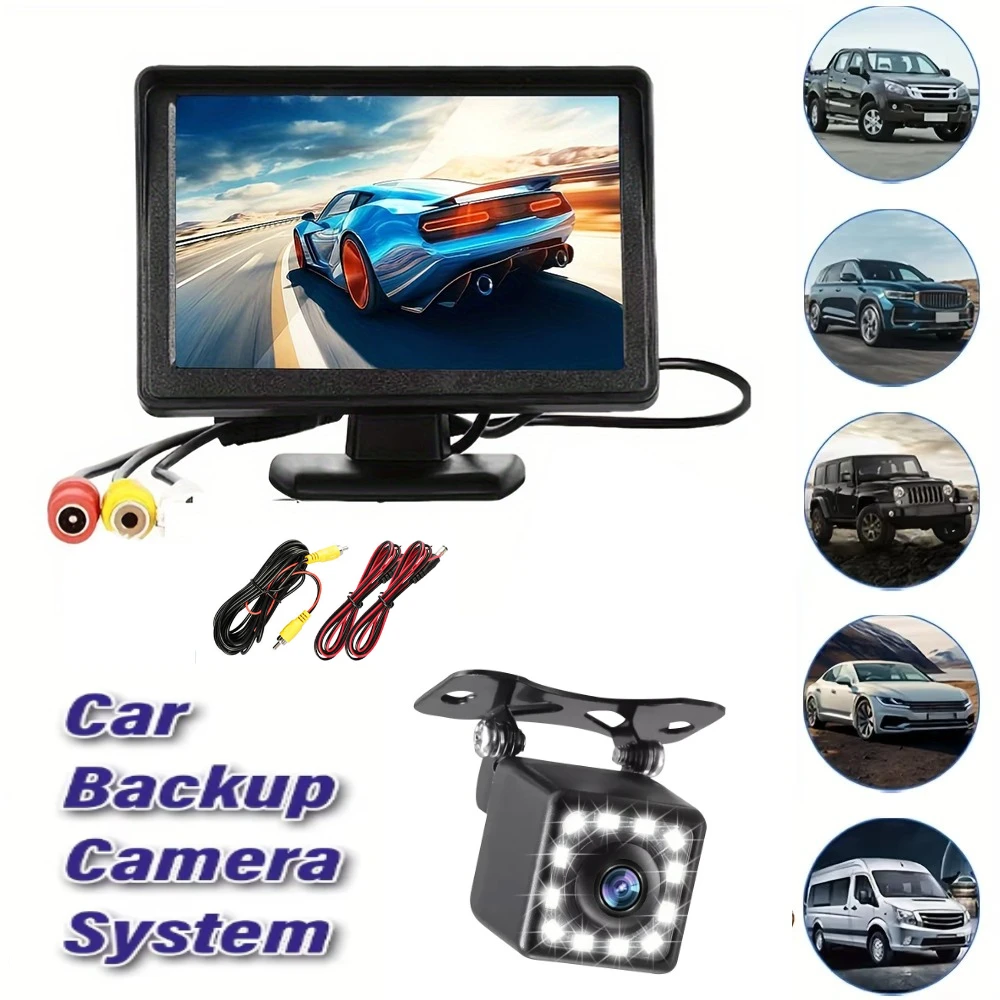 4.3-inch Car Backup Camera with 12 LED Night Vision Lights - Clear View, Easy Installation for Safe Parking Assistance System