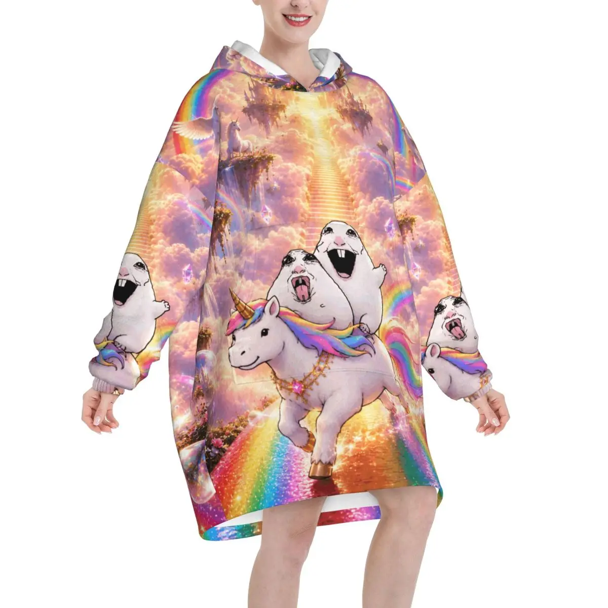Hamster Caveman Wearable Blanket Hoodie for Women Men Oversized Sweatshirt Blanket with Pocket