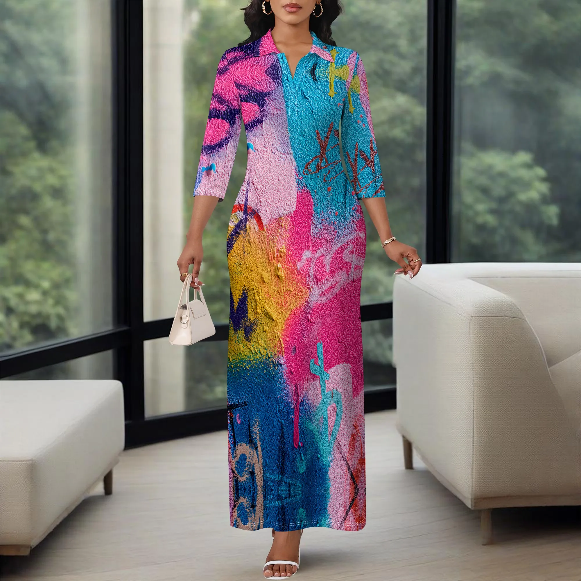 

Graffiti Wall Print Maxi Dress XS-3XL Polo Neck 3/4 Sleeve Style for Street Art Fest, Pride Parade or Urban Culture Event