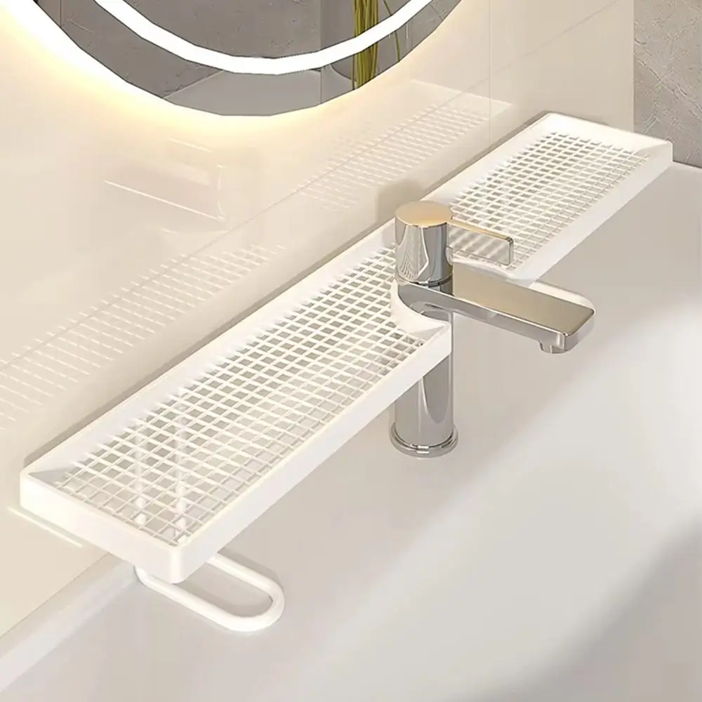 50/60cm Bathroom Counter Shelf Draining Anti Slip Faucet Shelf Heavy Duty Hollow Out No Drill Bathroom Shelf