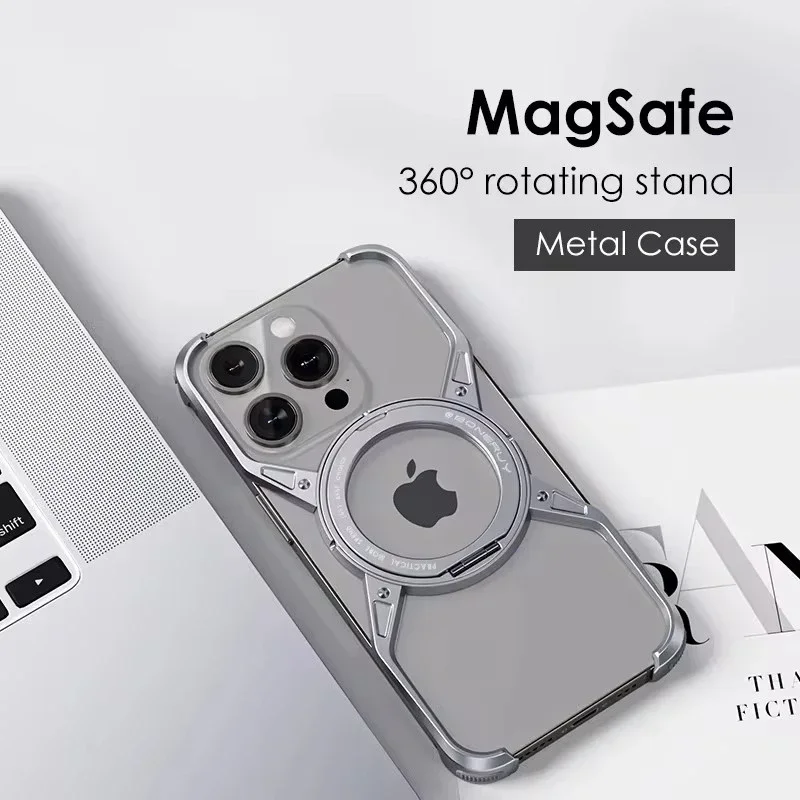 Metal Aluminum Alloy Case For iPhone 16 13 14 15 Pro Max Magnetic Rimless Titanium Bumper Shockproof 360 Rotate Car Holder Cover