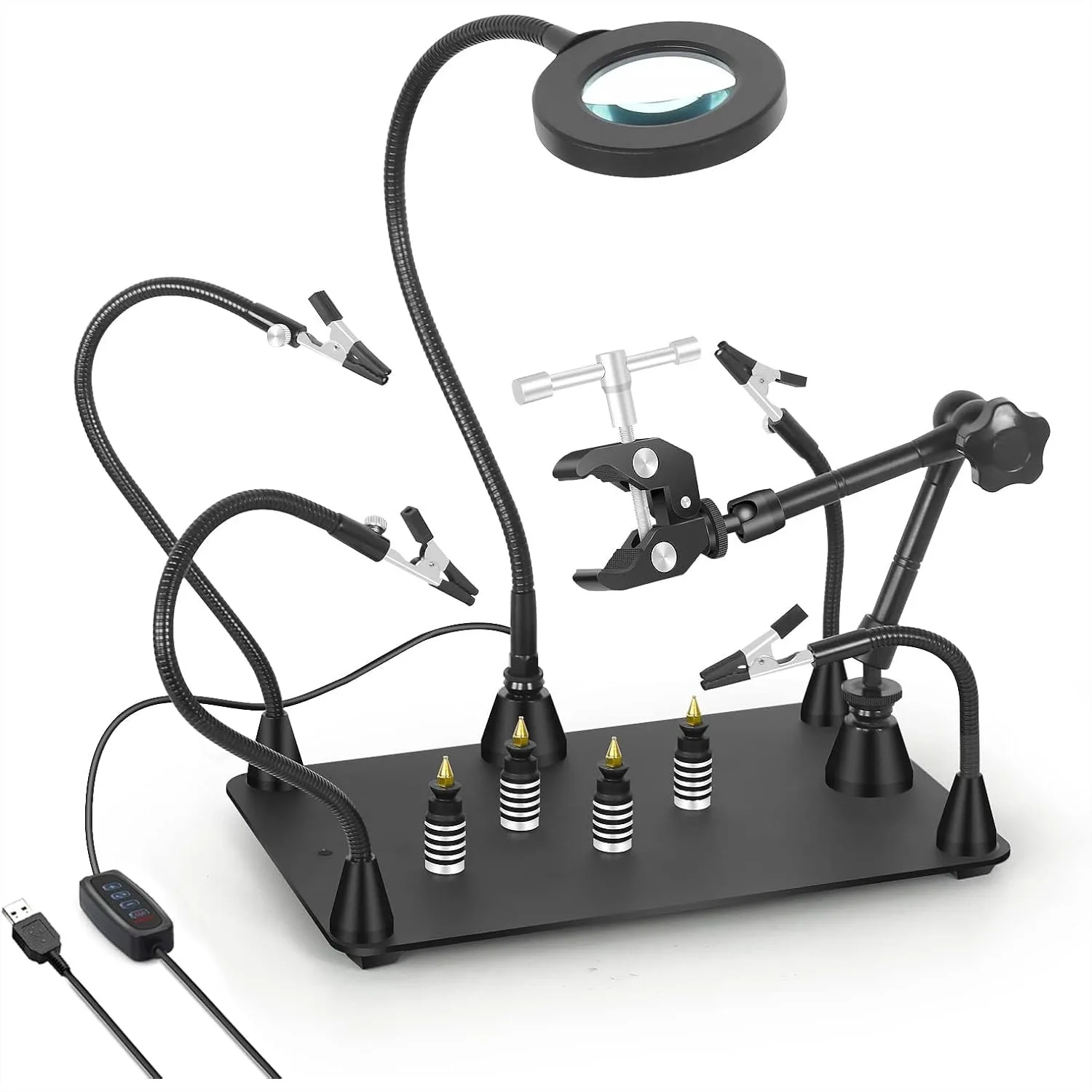 

Soldering Helping Hands with 3X LED Magnifier Lamp, Magnetic Base, 360 Hot Air Gun Holder, 4 Flexible Arms, Heavy Duty Base for