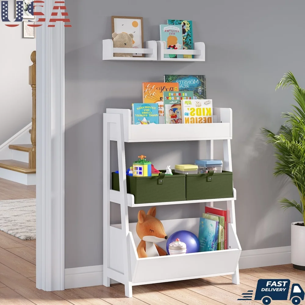 

Kids 3-Tier Ladder Shelf Toy Organizer & Bookshelf with Bookrack Open Shelves & Storage Bin White