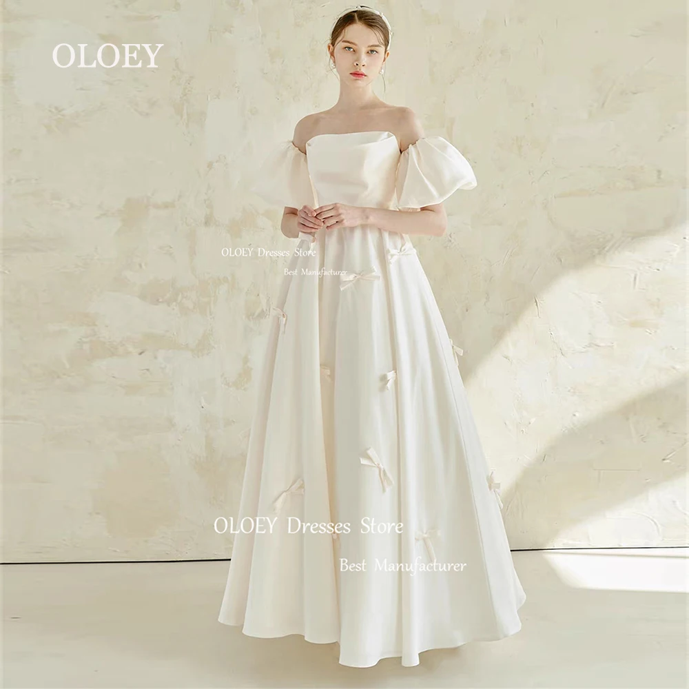 

OLOEY Simple Satin Wedding Dresses With Cape Sleeves Korea Photoshoot Ankle Length Bridal Gown Vestido De Noiva Bows Custom Made