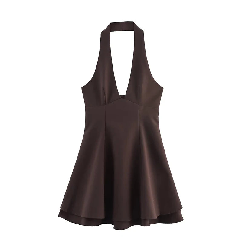 Yenkye sexy sem costas halter mini vestidos de duas camadas para mulheres vermelho marrom preto elegante a linha mini vestido de festa vestidos de natal
