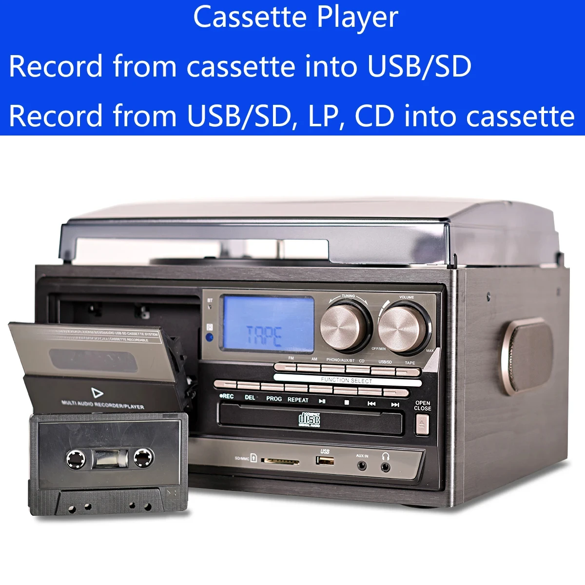 لمشغل LoopTone 3 المهبل Schallplatte Vintage Plattenspieler متوافق مع تقنية البلوتوث مشغل أقراص مضغوطة وكاسيت Lautsprecher