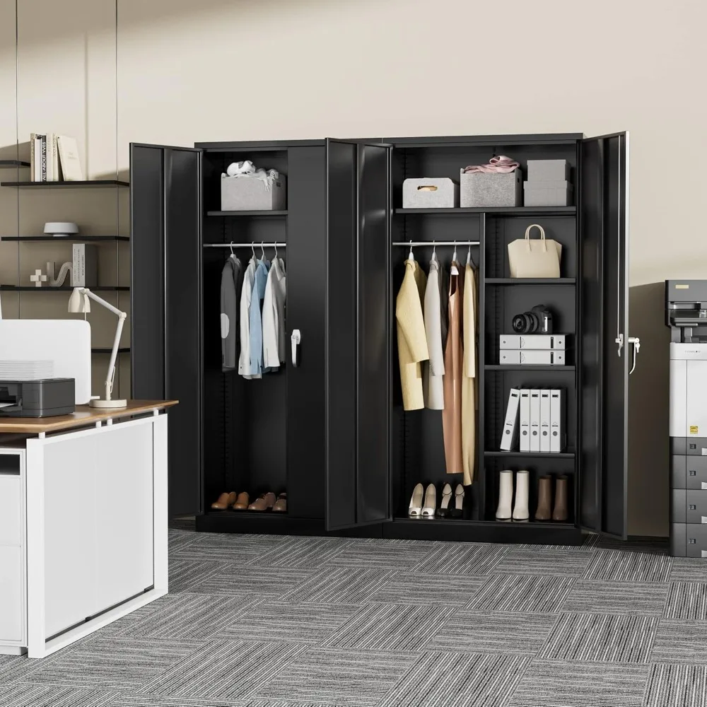 Metal Storage Cabinet with 2 Doors, Black 72” Steel Storage Wardrobe Cabinet, Employees Locker Closet