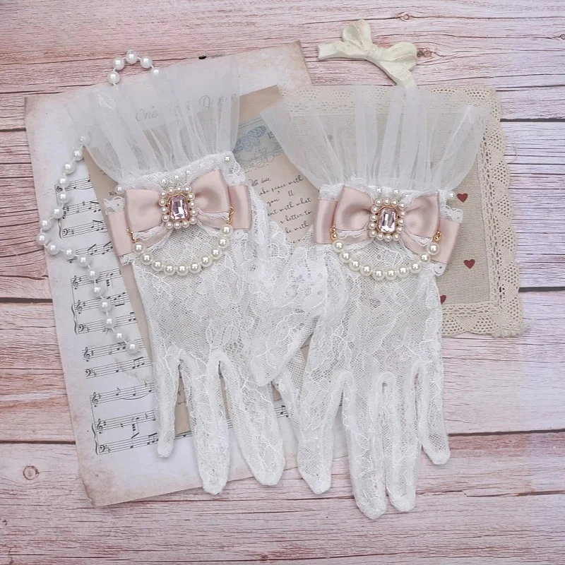 

Japanese Style Handmade Sweet Lady Decorative Short Gloves Original Mine Lace Bow Rhinestone Beaded Wedding Party Lace Gloves