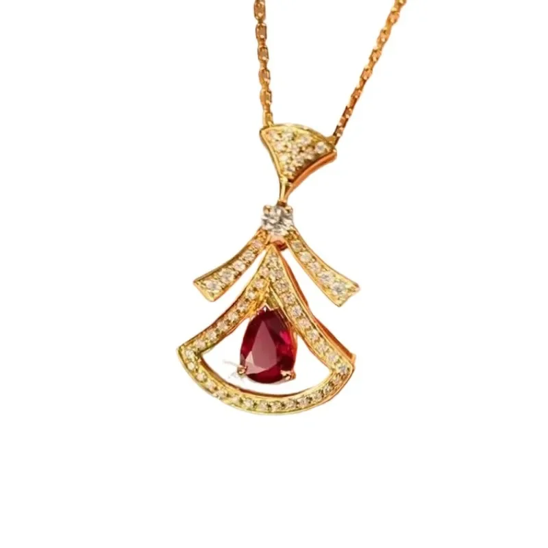 

*Creative fan-shaped ruby pendant retro fashion crystal water droplet red necklaces elegant collarbone chain wedding jewelry