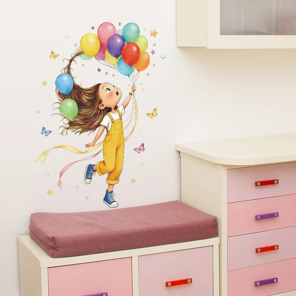 Cartoon Little Girl Balloon Butterfly Wall Sticker Kids Room Background Decor Mural Bedroom Door Decoration Self-adhesive Decals
