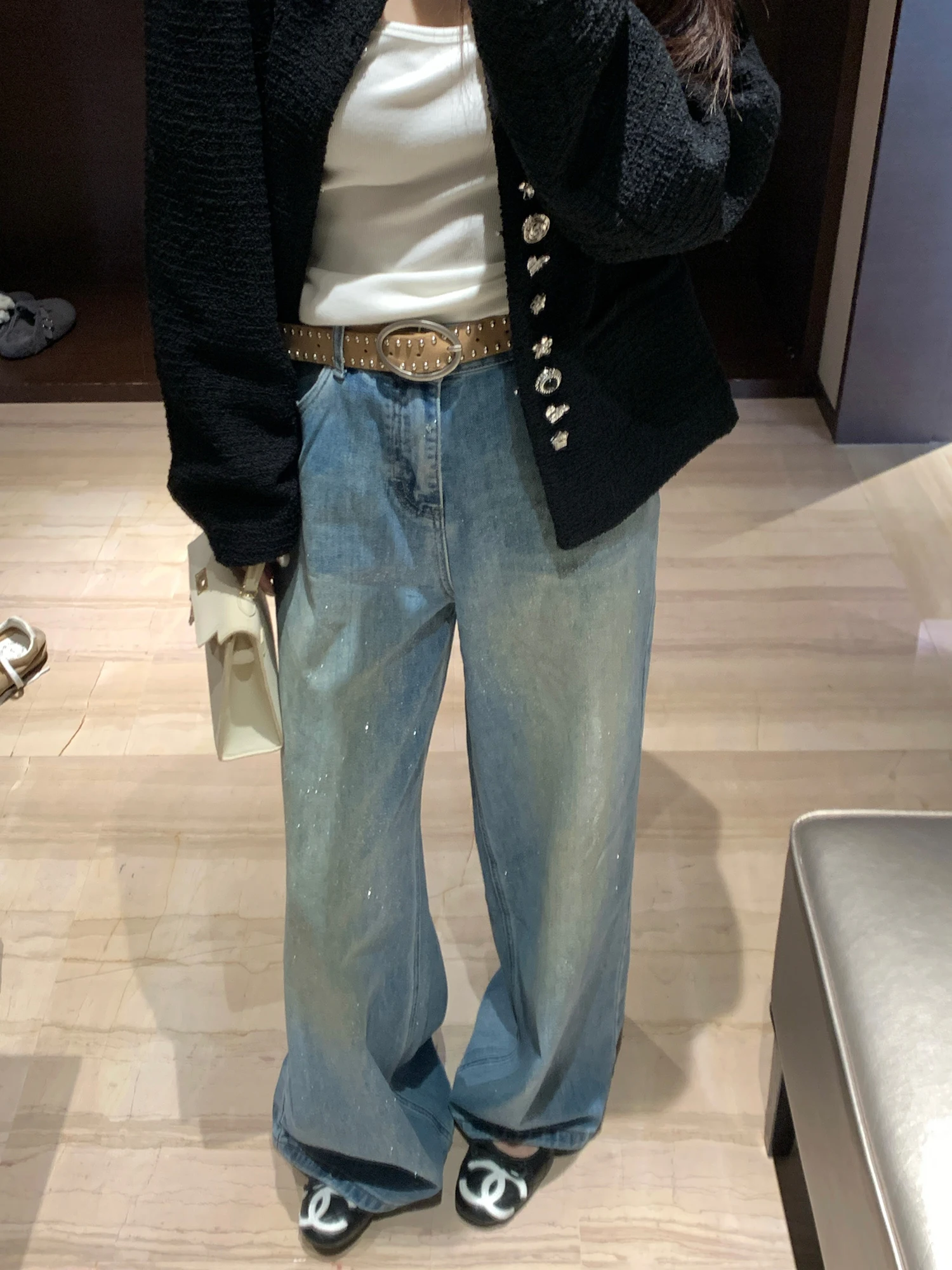 

NAZ High Waist Wide Leg Silver Ironed Denim Jeans Slimming Elastic Crt Spring Faion plus Size Straight Cut Pants