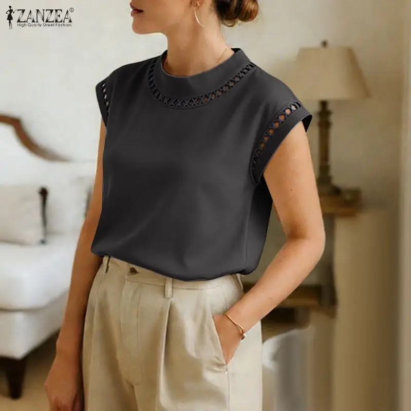 ZANZEA Fashion Lace Patchwork Hollow Out Women Blouses Summer Short Sleeve Tops Streetwear OL Work Blusas Tunic Oversize 3XL