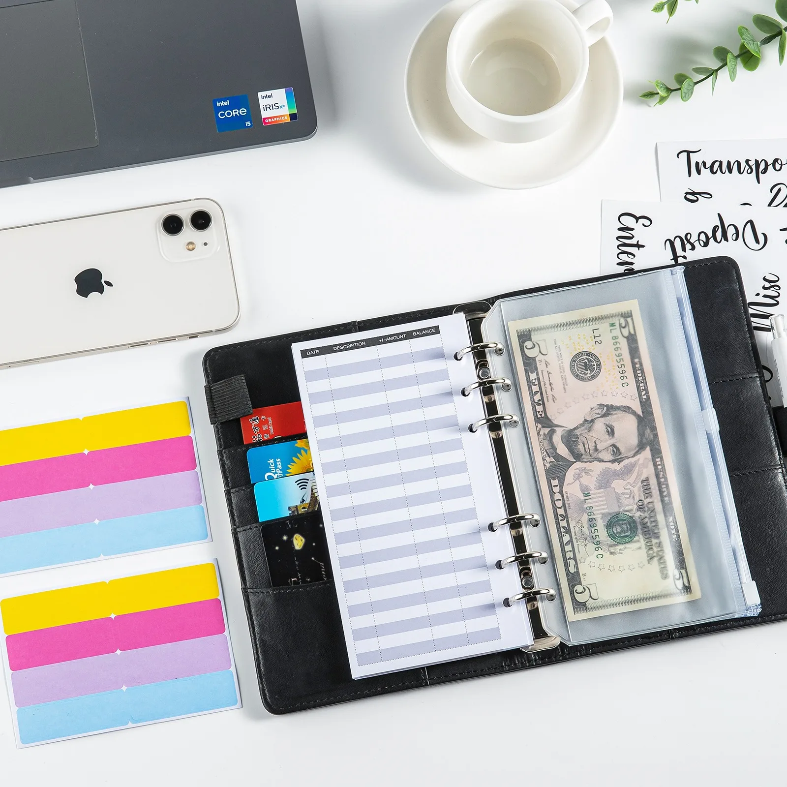 Budget Binder Notebook A6 Macaroon Stitching Binder Hand Book Notebook Leather PU Cash Contains Pockets and Stickers