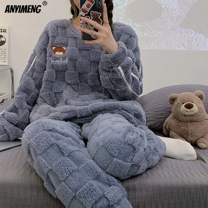 HQ Winter Women Pajamas Set Thick Chinese Velvet Sleepwear Pullover Female Thermal Homewear Korean Girl Pijamas Teddy Loungewear