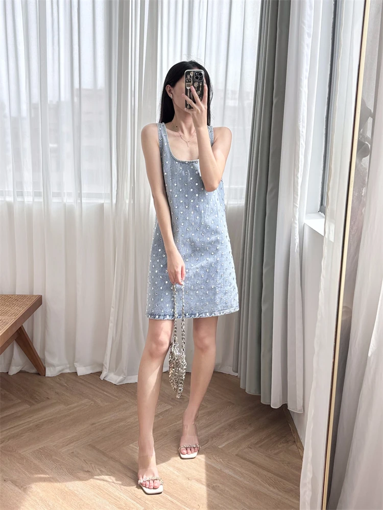 

y2k Full Sky Star Dress Heavy Industry Diamond Decoration Light Blue Sleeveless Denim Tank Top Celebrity Style U-shaped Diamond