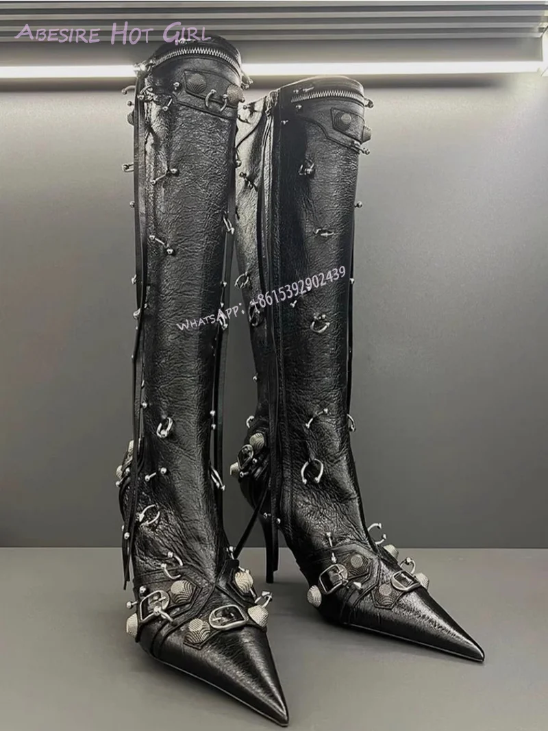 Pointed Stud Silver Metallic Stiletto Boot Women Fringe Black Leather Heel Zipper Lock Street Catwalk Knee Booties Girls Shoes