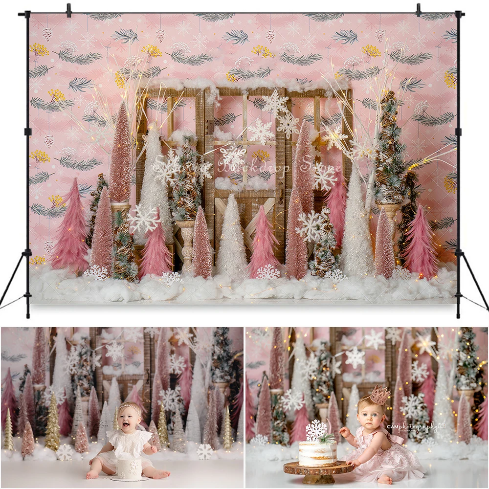 

Winter Snowflake Kisses Photography Backdrop Pink Pine Tree Photo Studio Props Kids Baby Cake Smash Photocall Photo Background