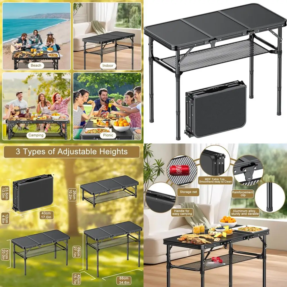 

Портативный складной походный стол, 3-секционный, с регулируемой высотой, легкий, для пикников на природе и использования в помещении, максимальная высота 27,1 фута, черный