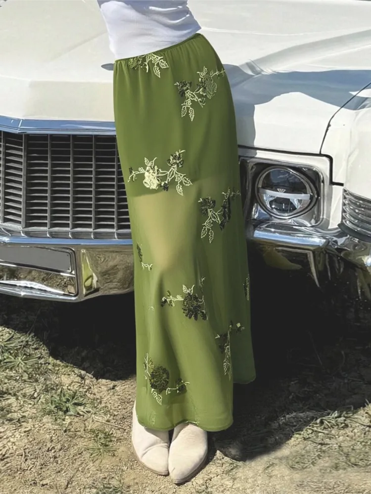 

Sexy Embroidery Sequined Long Skirt Women Solid High Waist Slim Straight Skirts Summer Autumn Lady Chic Beach Vacation Clothes