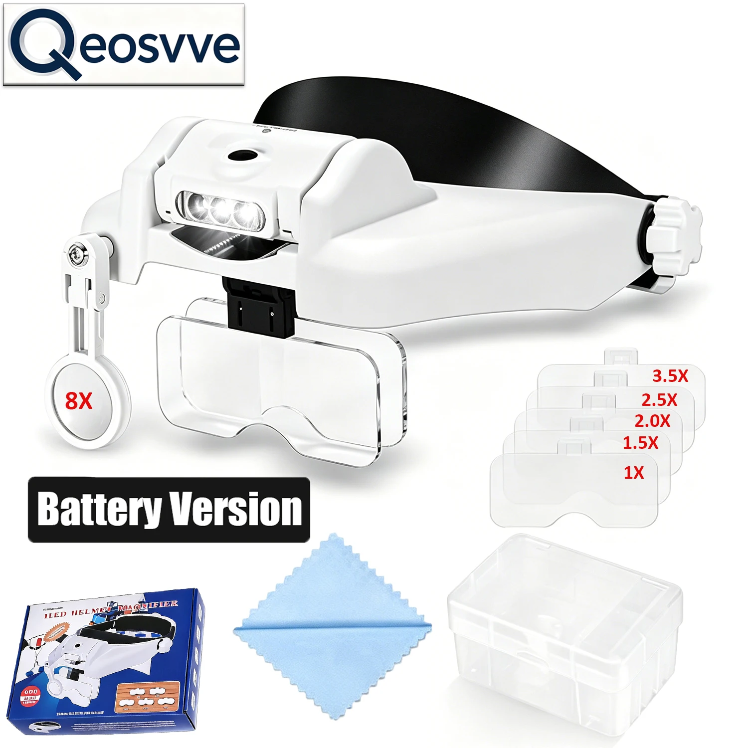 Headband Magnifier 1.0x 1.5x 2x 2.5x 3x 3.5x 8x Magnifying Glasses with LED Light Interchangeable Lens Magnifiers Head Loupe