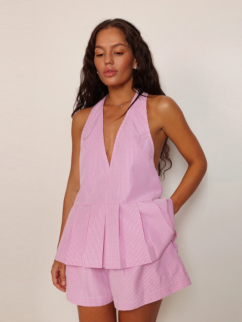 

Martahqiqi Striped Ladies Nightgowns Suit V-Neck Sleepwear Tank Tops Nightie Sexy Backless Nightwear Shorts Female Pajamas Sets