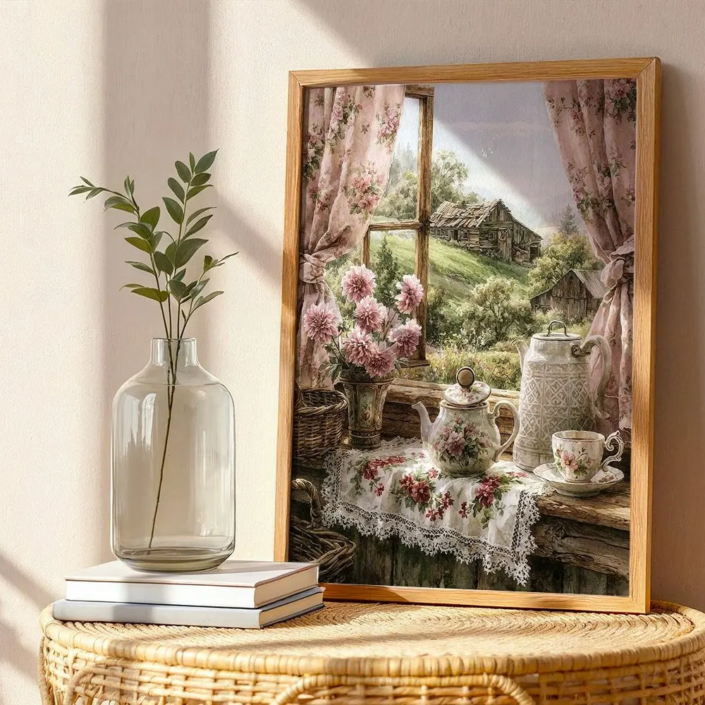 Vintage Rural Windowsill Teaware And Flowers Canvas Poster Wall Hanging