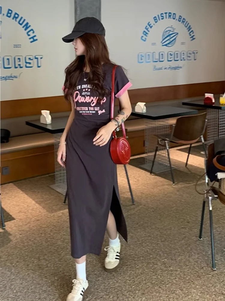 Ey round Ne imprimé T-shirt Dr femmes minceur décontracté tricoté jupe longue été Faion trajet Sle a-ligne Dr