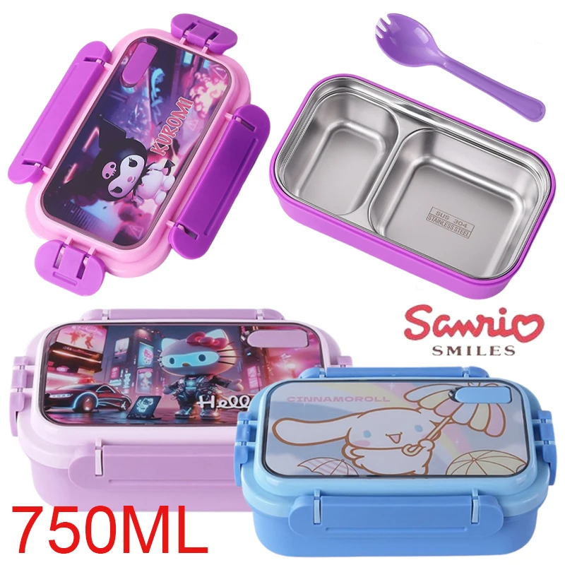 

Sanrio Hello Kitty Ланч-бокс из нержавеющей стали 304, изолированная коробка для бенто, двухслойный контейнер для фруктов и еды, пикника, свежий контейнер с вилкой