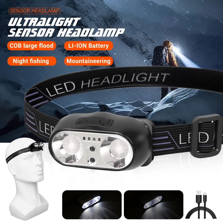 Strong Light Headlamp Portable LED Sensor Headlamp USB Rechargeable Head Flashlight Outdoor Camping Fishing Emergency Lantern