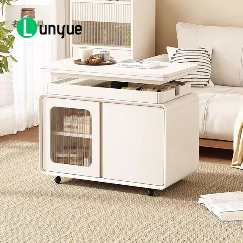 Minimalist Solid Wood Folding Coffee Table with Universal Wheels Lift Top Sofa Side Cabinet for Small Apartment Living Room