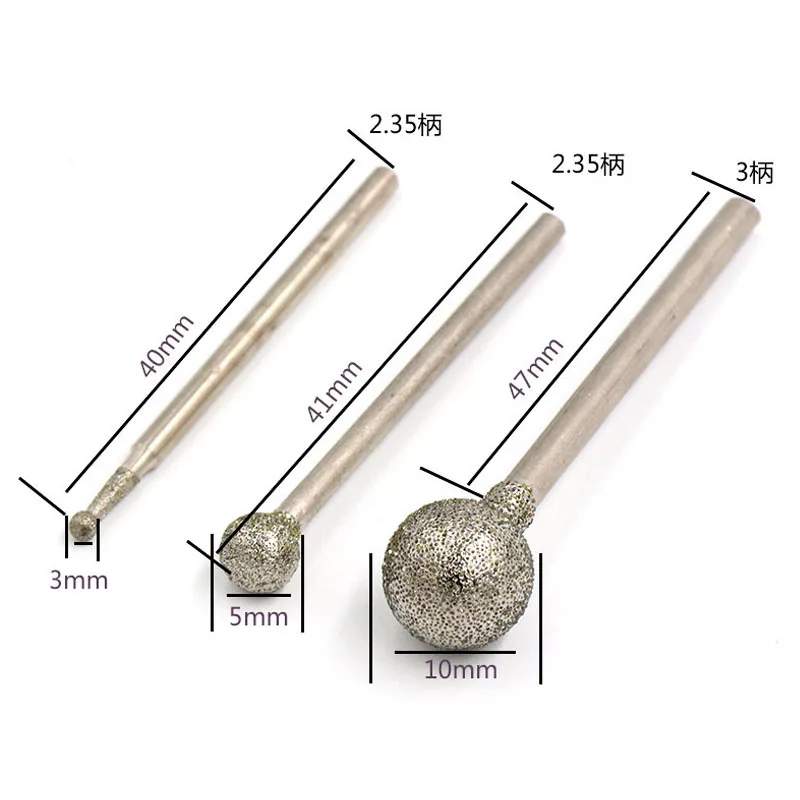 5-20pcs 0.5 0.6 0.8 1 1.2 1.5 - 12mm Ball Round Rotary Diamond Burr Drill 100 Grit Bit 2.35mm 3mm Shank Glass Carving